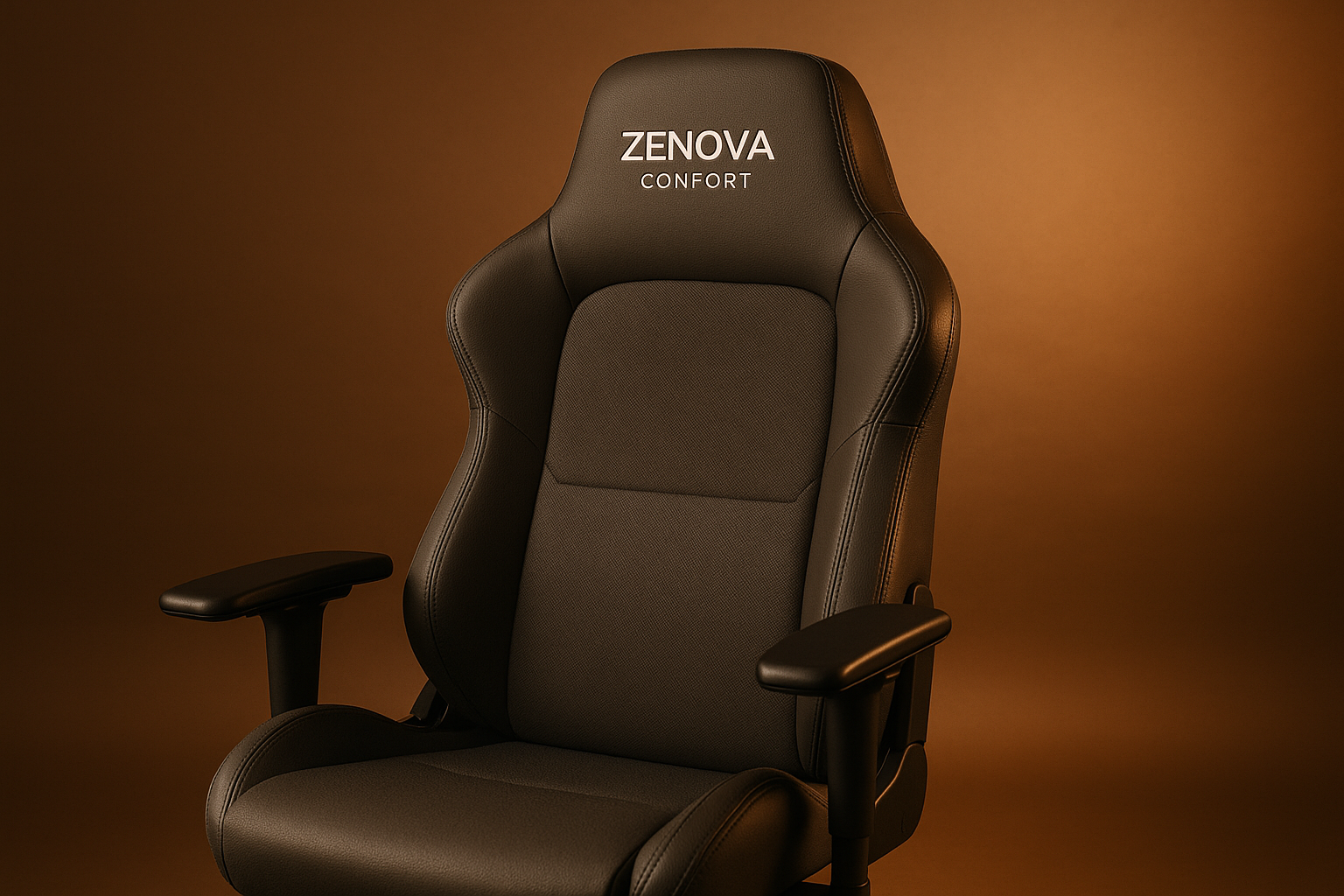 generate a gaming chair with th name of the store: Zenova Confort on the head space brown background chill vibe