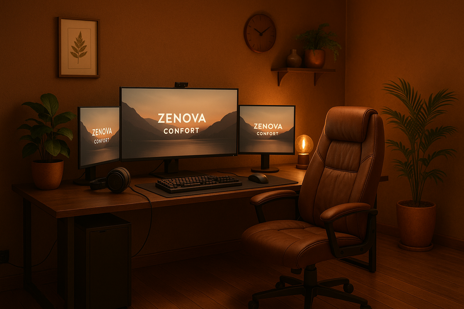 make a gaming room with a gaming desk and gaming chair the room need to be brown with a chill vibe. also, in the monitors i want it to say the name of the store: Zenova Confort.  the photo will be use for the banner of the front page of my shopify store